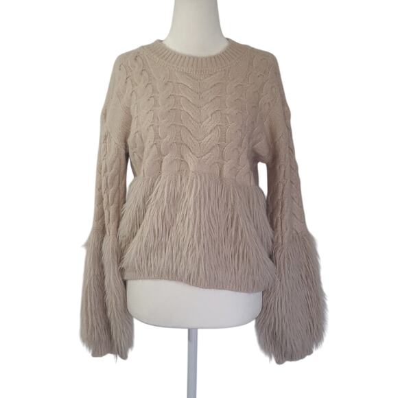 Anthropologie Beige Faux Fur Cable Knitted Sweater Small/Medium - Picture 1 of 6
